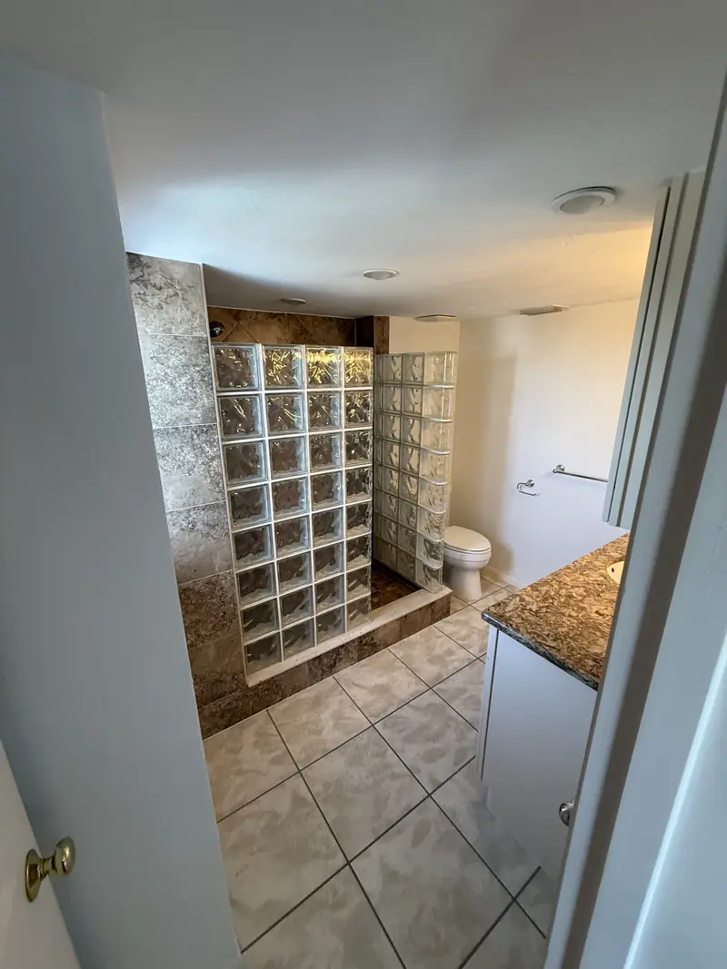 Before: Bathroom with dated glass block shower and granite vanity before remodeling in Sarasota, FL